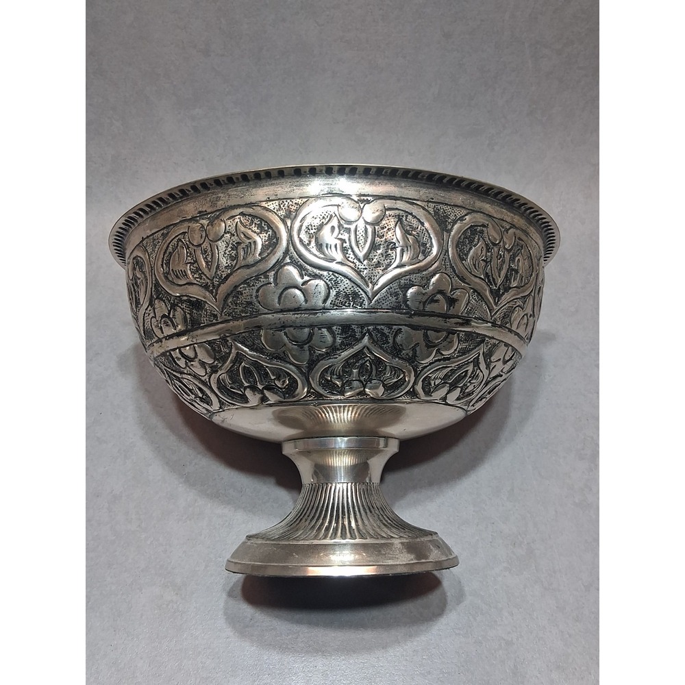 Vintage Silvertone Decorative Embossed Pedestal Bowl SAS India Made 7.25"x10.75"